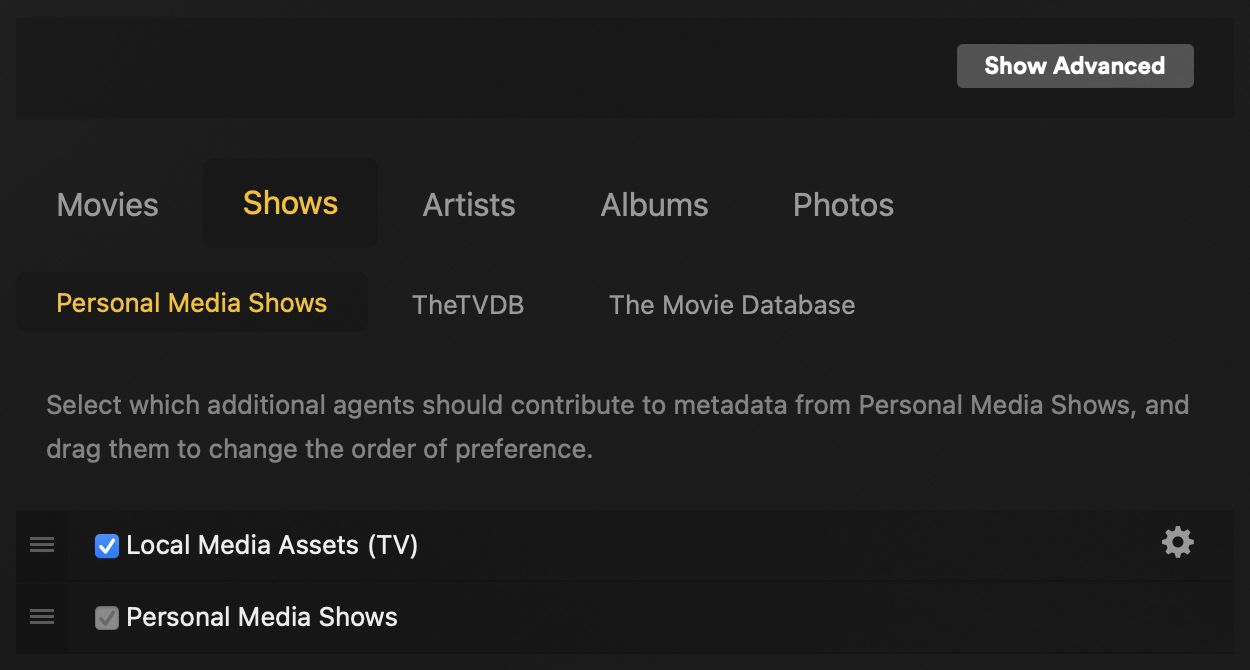 The Plex Agents settings page has Local Media Assets enabled for Personal Media Shows and Movies tabs.